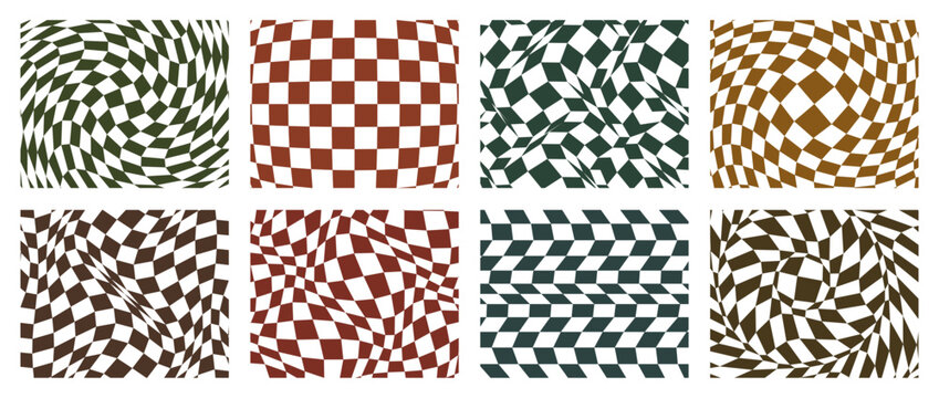 Set of abstract geometric checkered patterns with distorted wavy and warped effects in various colors