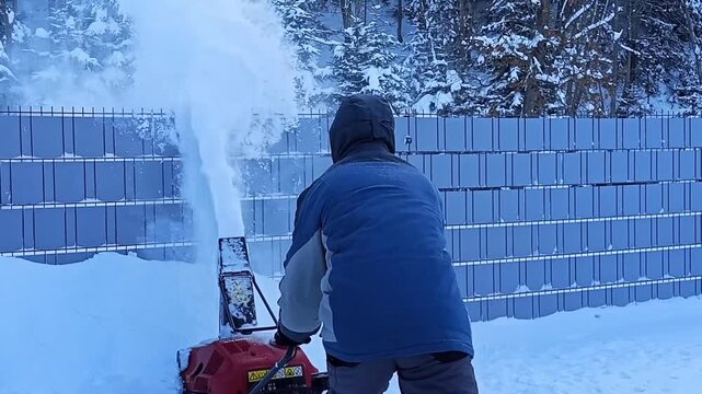 A man operates a snow blower to throw snow over a fence, clearing a snow-covered area. Winter footage captures snow removal, outdoor maintenance, and a powerful stream of flying snow.