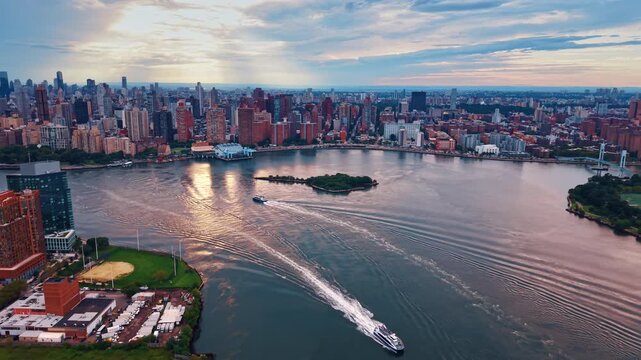 Two ferries leave diverging wakes on the East River. A wooded island lies between the boats below sunlight reflected from a clouded sky.