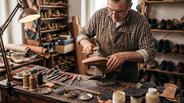 Skilled cobbler meticulously crafting a leather shoe using traditional tools in his workshop