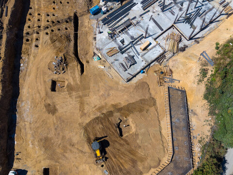 Top Down Aerial View Of Retaining Wall Shoring And Site Excavation