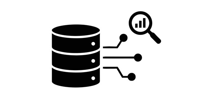 Vector illustration of database icon with data analysis magnifying glass on a transparent background