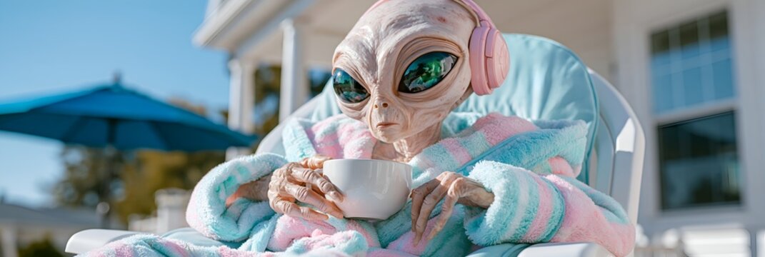 Friendly alien relaxes outside, sipping warm drink