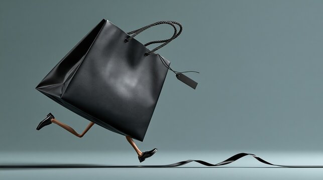 Black Friday race: a speedy shopping bag and a blank tag in pursuit against a dark clean backdrop with room for the offer