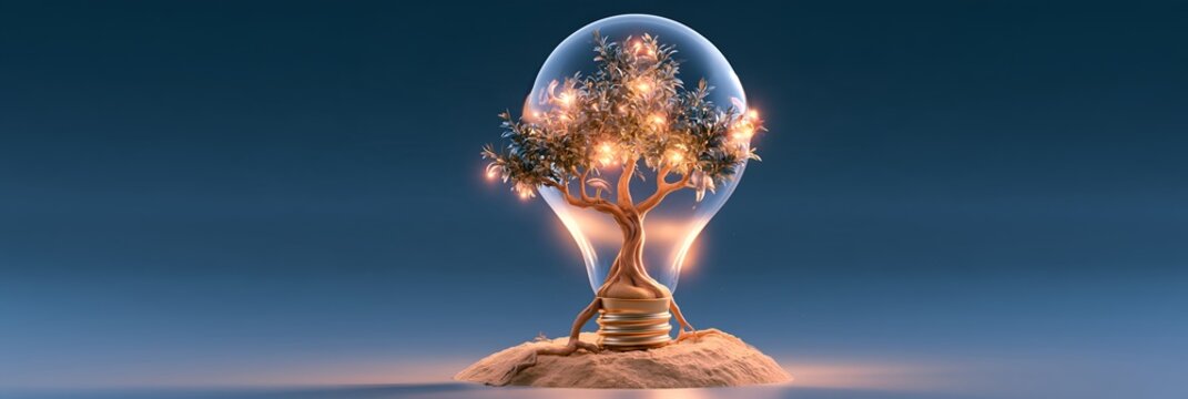 Glowing tree inside a lightbulb on a desert island
