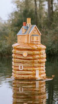 House built on pancakes in water with tree reflections