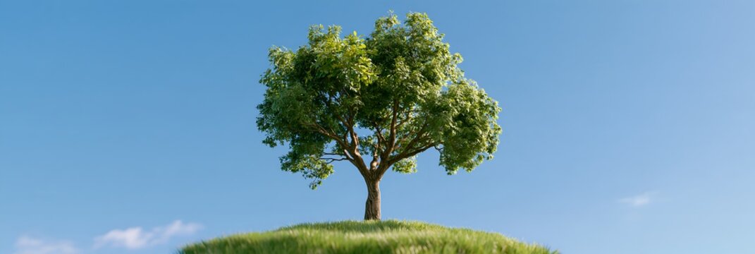 Lone tree with lush green leaves atop rounded hill against clear blue sky with s