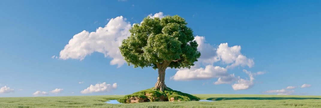 Lonely tree with lush foliage on open green field