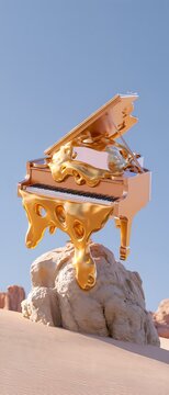 Luxurious golden piano in desert
