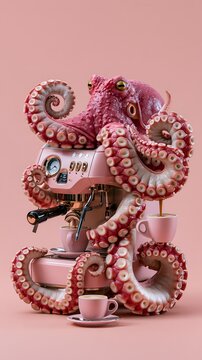 Octopus holds coffee machine and cups, surreal pink fantasy scene