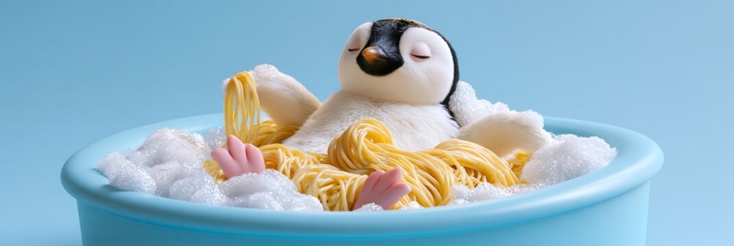 Penguin stuffed animal resting in sugar and pasta bowl against blue backdrop