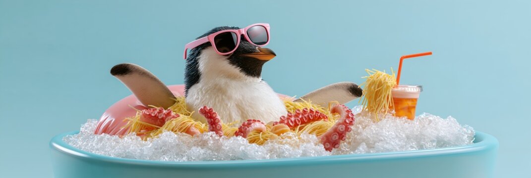 Penguin relaxing on ice with noodles and beverage