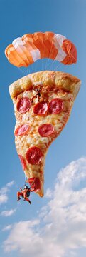 Pepperoni pizza slice with human parachuting beneath