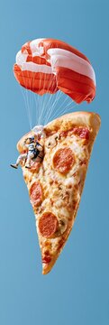 Pepperoni pizza slice carrying parachute with small figure attached
