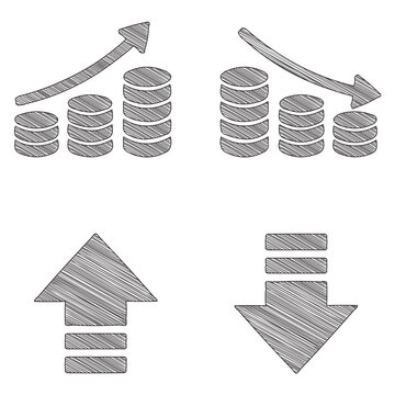 Money stacks with up and down arrows in doodle.