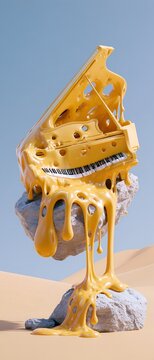 Piano made of liquid yellow substance, standing on rock in desert landscape