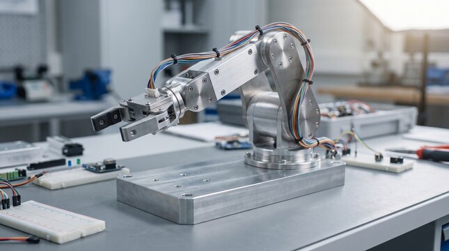 Metallic robotic arm on workbench in electronics laboratory