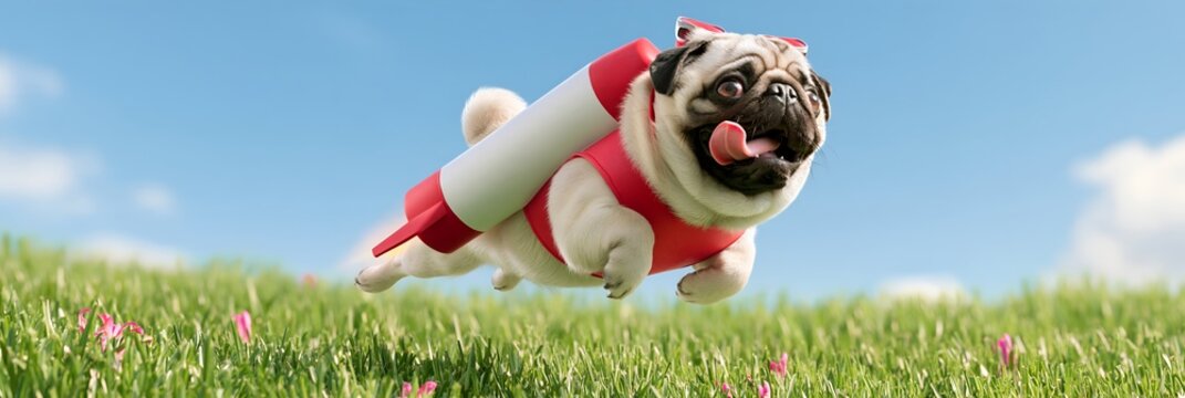 Pug in spacesuit soars over grassy field with pink flowers under sunny sky