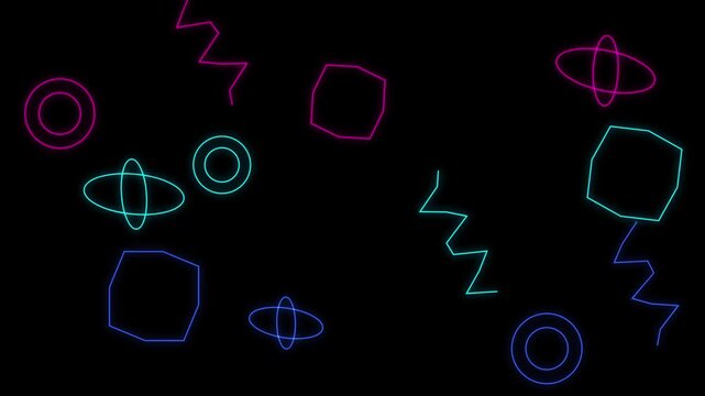 Neon geometric shapes animation, retro 80s Memphis style background, glowing abstract line art elements, vibrant synthwave motion graphics