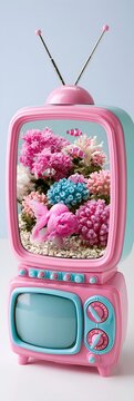 Vintage-style television showing underwater coral reef with small fish