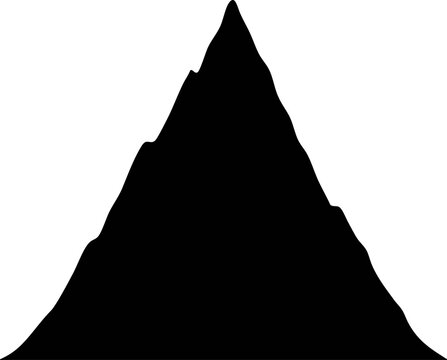 Minimalist mountain peak silhouette icon, simple black mountain vector design element, high sharp peak mountain shape on white background