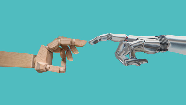  White cyborg robotic hand pointing his finger to a completely refurbished wooden prototype -  isolated on free background.