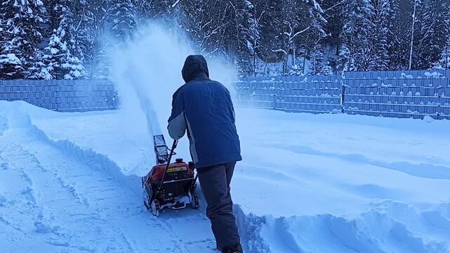 A man uses a snow blower to clear his yard of fresh snow. The machine pushes snow aside as he works, capturing winter chores, snow removal, and outdoor maintenance in a snowy setting.