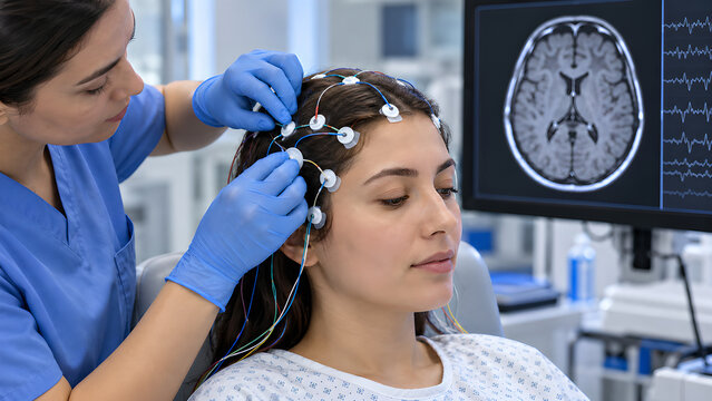 Epilepsy diagnosis with EEG monitoring and brain MRI in neurology clinics, photorealistic clinical procedure concept for healthcare communication, medical education and patient awareness campaigns