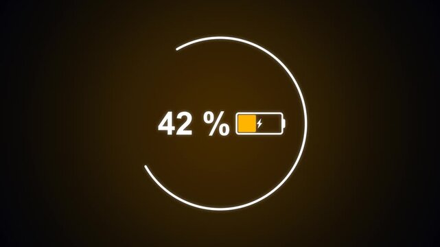 Battery charging percentage status indicator with checkmark completed motion video loop