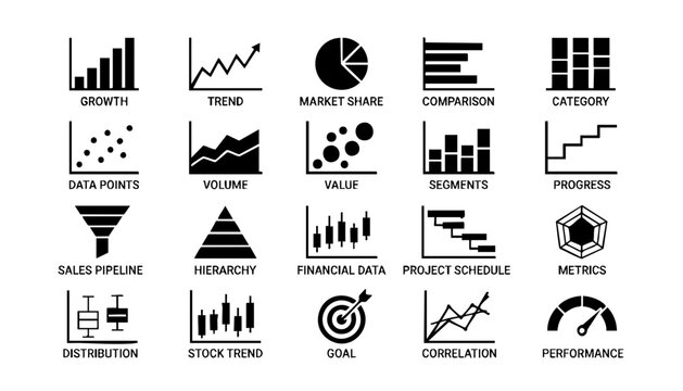 Business analytics icons showing data points metrics trends sales
