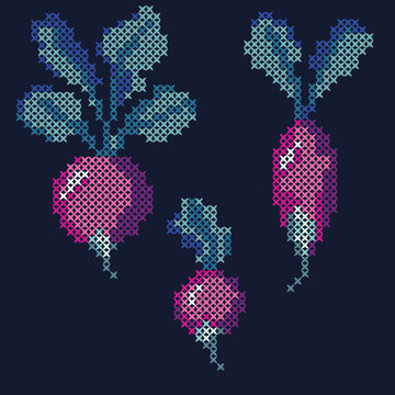 Vintage Cross Stitch Radish Set in Pink and Blue on Dark Background
