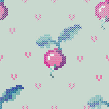 Victorian Radish Seamless Pattern with Pink and Blue Cross Stitch Motifs