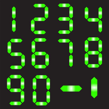 Green digital number set from 0 to 9 with minus sign in glowing seven-segment LED style on dark background.