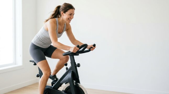 Cycling on a stationary bike. Woman exercising on an indoor exercise bike in a bright room
