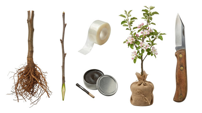 Gardening Tools and Supplies, featuring plants, sapling, roots, tape, knife, potting, horticulture, pruning, spring, nature, agriculture, soil, flower