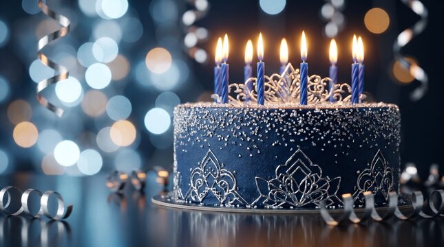Blue birthday cake with lit candles and silver crown decoration for a luxury celebration. Elegant dessert with shimmering frosting and festive ribbons set against a soft bokeh light background