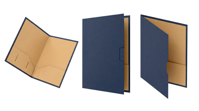 Three views of a dark blue presentation folder with a tan interior, showing open, closed, and partially open positions on a white background