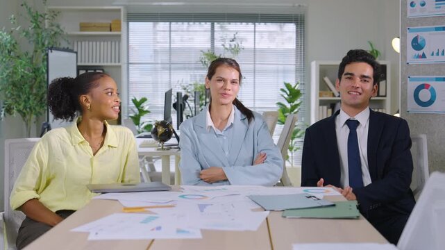 Slow motion Portrait of Diverse Business Team Turning Around and Looking at Camera in Office.