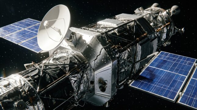 Communications satellite chassis with deployed cobalt blue solar wings and white parabolic dish antenna in outer space orbit.