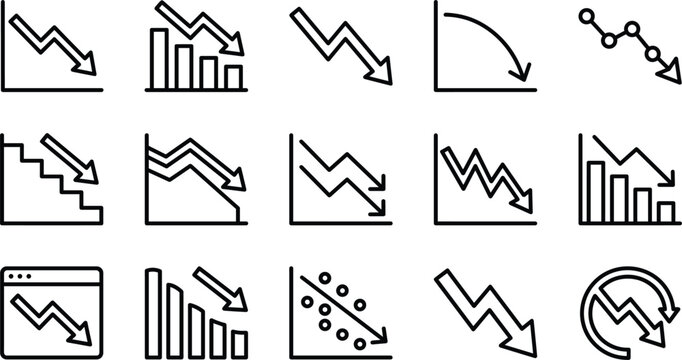 Downward Trend Arrow Icon Collection Vector Illustration with Declining Bar Charts, Falling Graph Lines, Negative Growth Indicators and Financial Analytics Symbols
