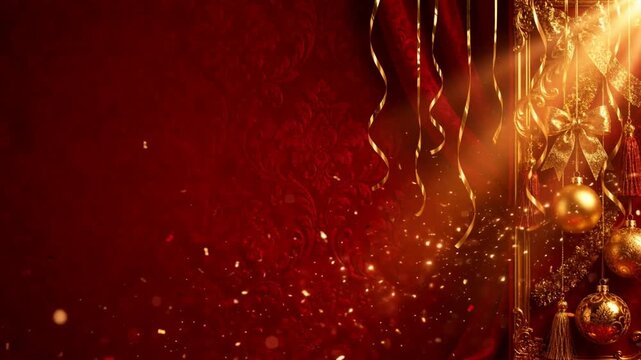 Red and gold festive studio background with streamers for retail sale advertising and promotional videos