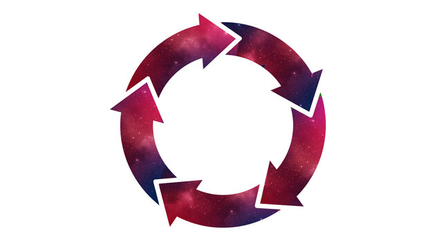 Arrows are arranged in a circular shape, with a gradient sky design displayed inside the arrows.