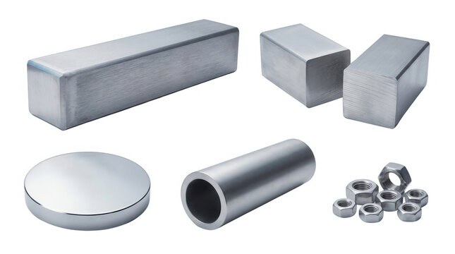Various Metallic Shapes and Fasteners, featuring metal shapes, metallic objects, rectangles, squares, cylinders, circles, nuts, bolts, engineering, manufacturing