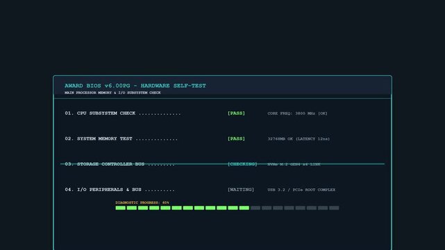 A retro-inspired BIOS hardware diagnostic animation featuring sequential CPU, memory, storage, and input/output checks on a vintage terminal interface. Includes scanning highlights, progressive system