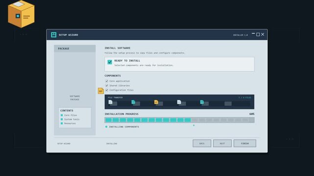 A retro-inspired software installation animation featuring a classic setup wizard, geometric package icon, sequential file installation, segmented progress bar, and completion confirmation. Suitable f