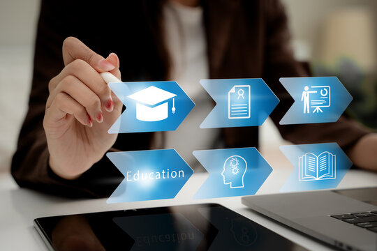 Concept of Online education. man use Online education training and e-learning webinar on internet for personal development and professional qualifications. Digital courses to develop new skills.