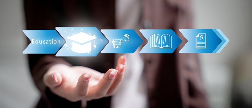 Concept of Online education. man use Online education training and e-learning webinar on internet for personal development and professional qualifications. Digital courses to develop new skills.