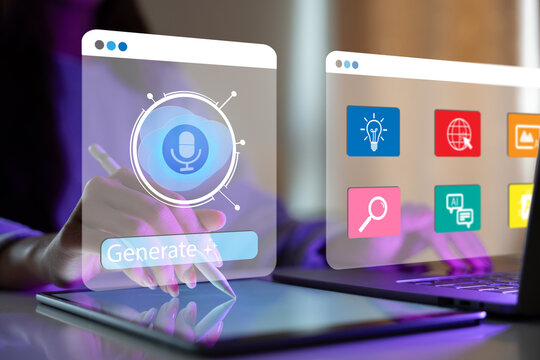 AI prompt and generative content creation concept. Person using laptop with prompt, generate, and multimodal AI icons, representing text, image, audio, design, code, smart content workflow, AI Agents