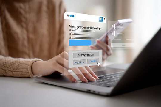 Subscription management concept. Woman using a laptop and smartphone at a desk indoors with membership and login interface overlays. Subscription, membership, account, login, management.