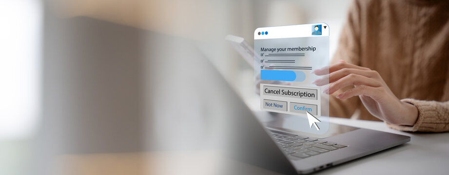 Subscription management concept. Woman using a laptop and smartphone at a desk indoors with membership and login interface overlays. Subscription, membership, account, login, management.